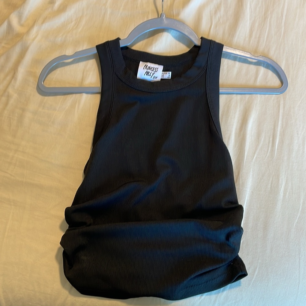 Princess Polly high neck black cropped tank top with side ruching